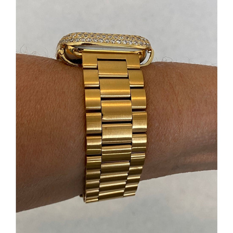 Custom Apple Watch Band Mens Gold Rolex Style & or Lab Diamond Bezel Cover Smartwatch Bumper 38mm-45mm Series 1-8 SE