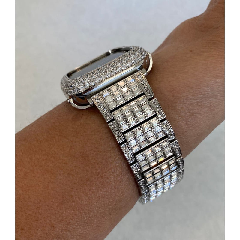 Custom Apple Watch Band Silver Bling And or Bezel Lab Diamond Series 1,2,3,4,5,6,7 SE Custom Deluxe Iwatch Series 7,8