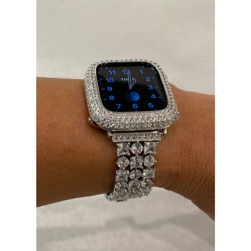 Custom Apple Watch Band Women Silver and or Apple Watch Cover Bezel Lab Diamond Bling 38mm 40mm 42mm 44mm 41mm 45mm Series 7 Handmade