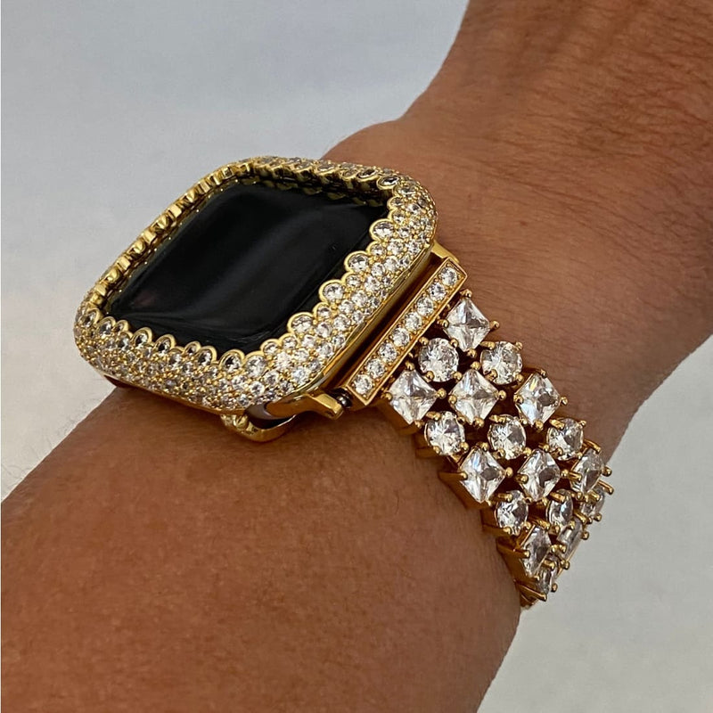 Custom Apple Watch Band Women's Gold 38mm 40mm 42mm 44mm and or Bezel Case Lab Diamonds Iwatch Bling Series 1-8 41mm 45mm