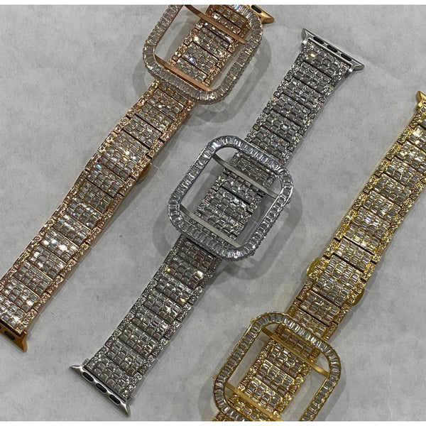 Custom Bling Apple Watch Band 38mm 40mm 42mm 44mm Rolex Style & or Lab Diamond Bezel Cover Series 6 Handmade