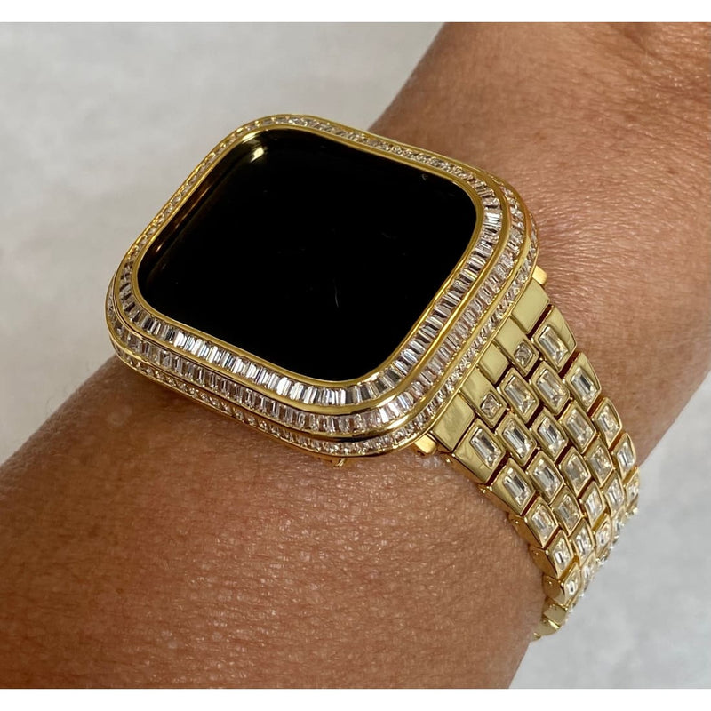 Custom Gold Apple Watch Band with Baguettes & or Lab Diamond Baguette Bezel Cover 40mm 44mm Handmade