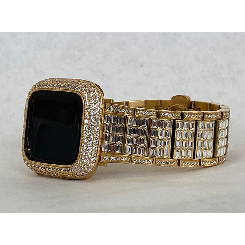 Designer Apple Watch Band Gold Series Rolex Style 38mm-45mm & or Smartwatch Lab Diamond Bezel Cover Smartwatch Bumper Bling