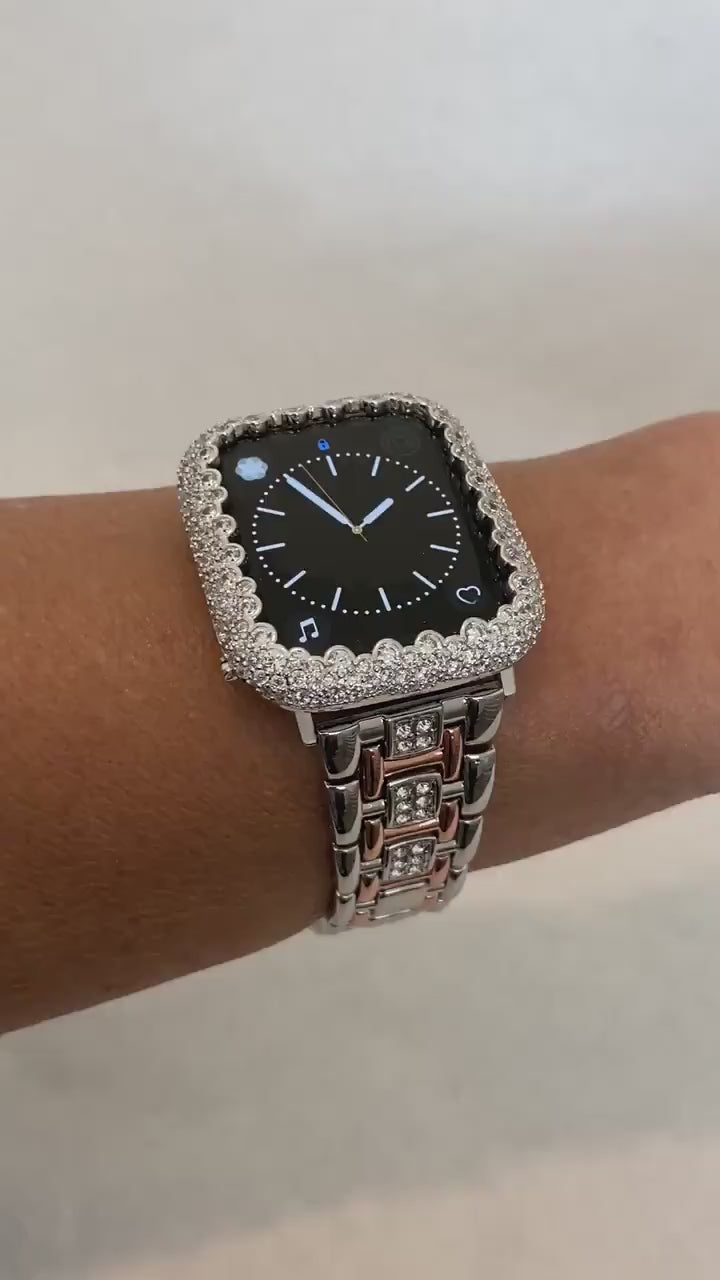 Series 1-8 Apple Watch Band 38mm 40mm 42mm 44mm Women Silver Rose Gold and or Lab Diamond Bezel Iwatch Bling