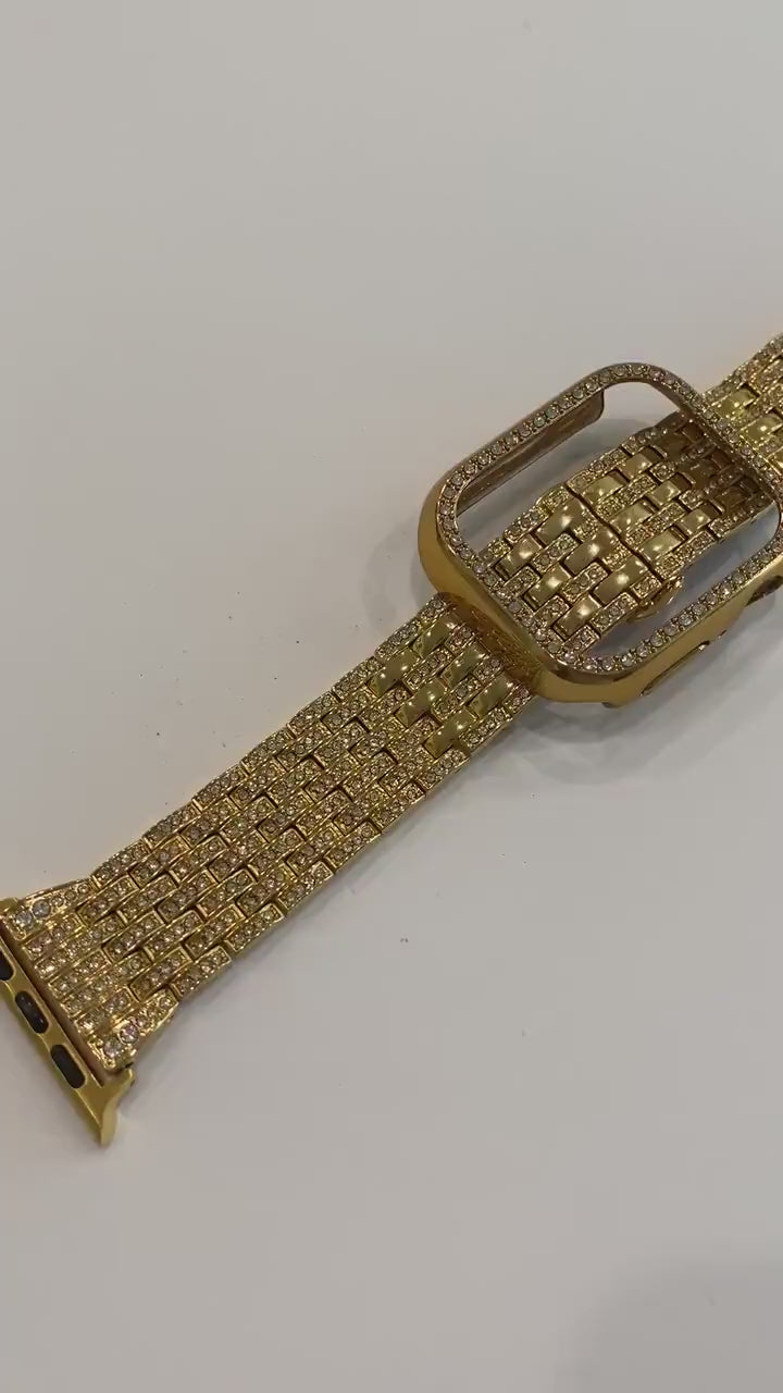 Apple Watch Band 41mm 45mm 49mm Ultra Yellow Gold Swarovski Crystals & or Crystal Apple Watch Case Cover Bezel Smartwatch Bling