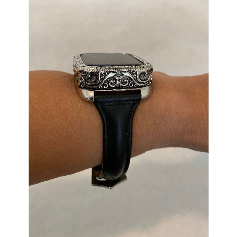 Engraved Apple Watch Bezel Cover Silver and Black Leather Slim Iwatch Band Women 38 40 42 44mm Final Sale