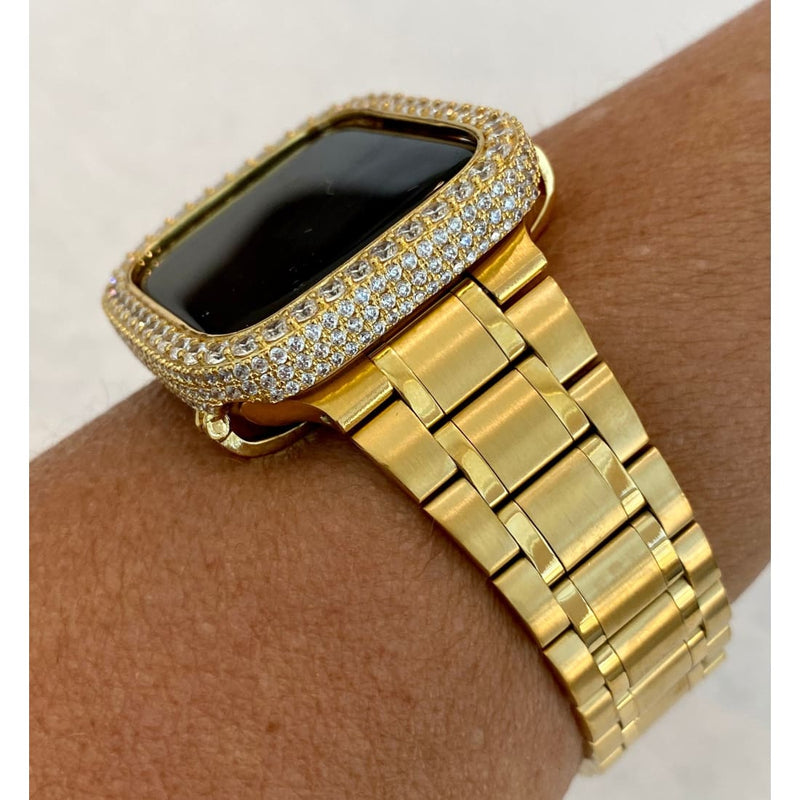 Gold Apple Watch Band 38mm 40mm 41mm 42mm 44mm 45mm Series 7,8 Stainless Steel Ultra Thin & or Lab Diamond Bezel Cover Bling