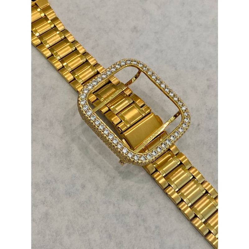 Gold Apple Watch Band 38mm 40mm 41mm 42mm 44mm 45mm Series 7,8 Stainless Steel Ultra Thin & or Lab Diamond Bezel Cover Bling