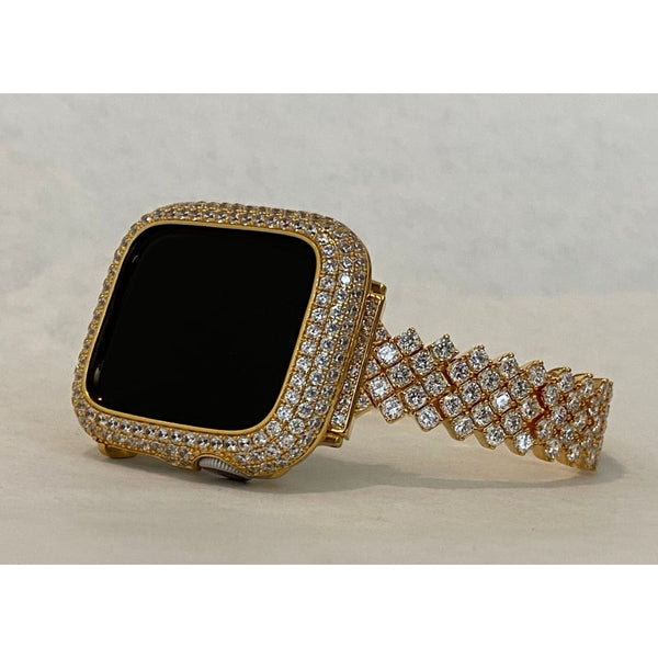 Gold Apple Watch Band 40mm 41mm Woman  and or Lab Diamond Bezel Cover 45mm Series 7 Iwatch Bling Custom Handmade