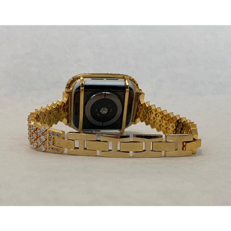 Gold Apple Watch Band 40mm 41mm Woman  and or Lab Diamond Bezel Cover 45mm Series 7 Iwatch Bling Custom Handmade