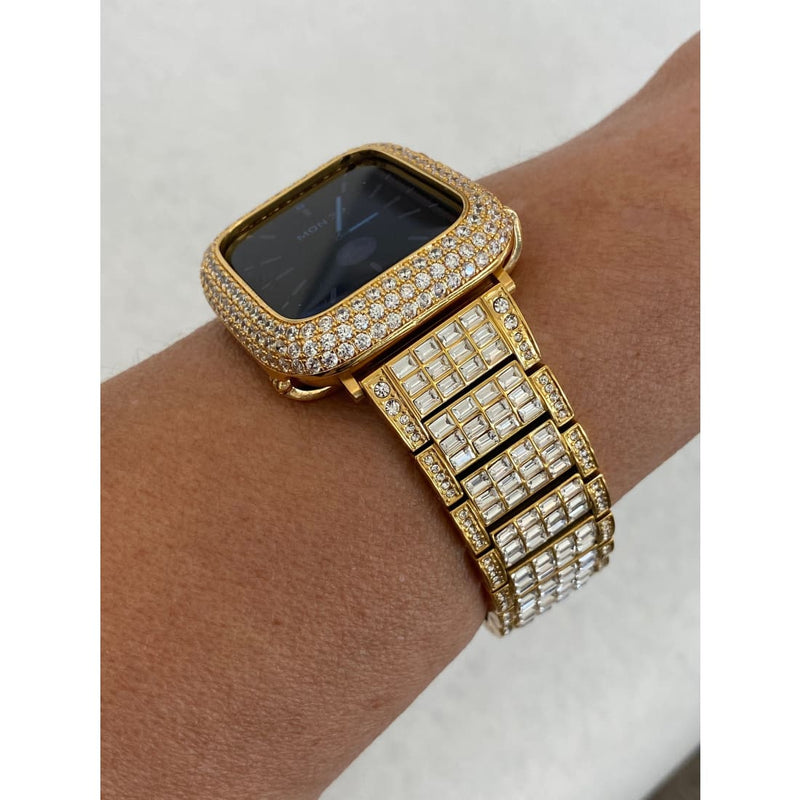 Gold Apple Watch Band 41mm 45mm 38mm 40mm 42mm 44mm Rolex Style & or Lab Diamond Bezel Cover Series 1-8 Bling