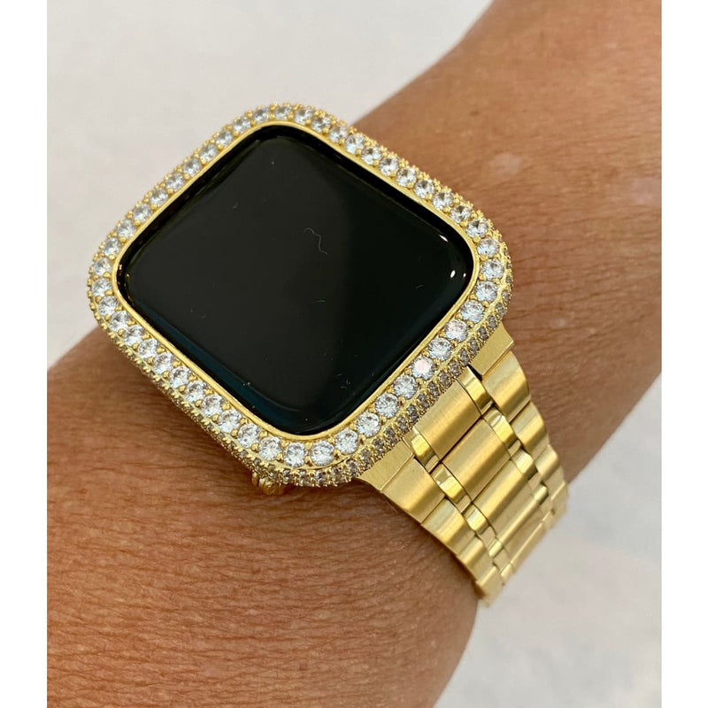 Gold Apple Watch Band 41mm 45mm Series 1-8 Stainless Steel & or Lab Diamond Bezel Cover Bling 38mm-44mm Smartwatch Bumper Bling