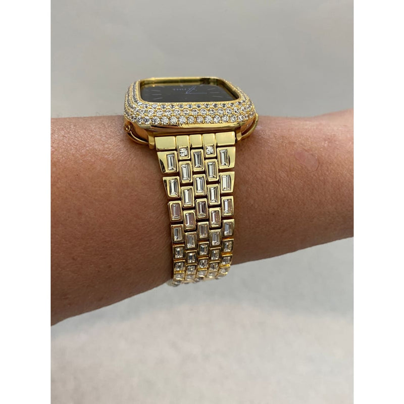 Gold Apple Watch Band 41mm Series 7 Swarovski Crystal Baguettes 38mm 40mm 42mm 44mm 45mm & or Pave Lab Diamond Bezel Cover for Smartwatch