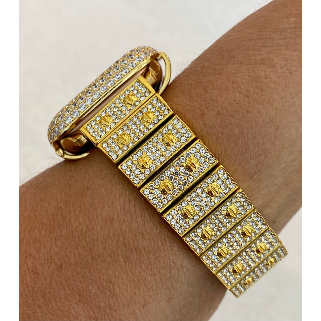 Gold Apple Watch Band Series 1-8 SE Swarovski Crystal 38mm 40mm 41mm 42mm 44mm 45mm & or Pave Lab Diamond Bezel Cover Bling for Smartwatch