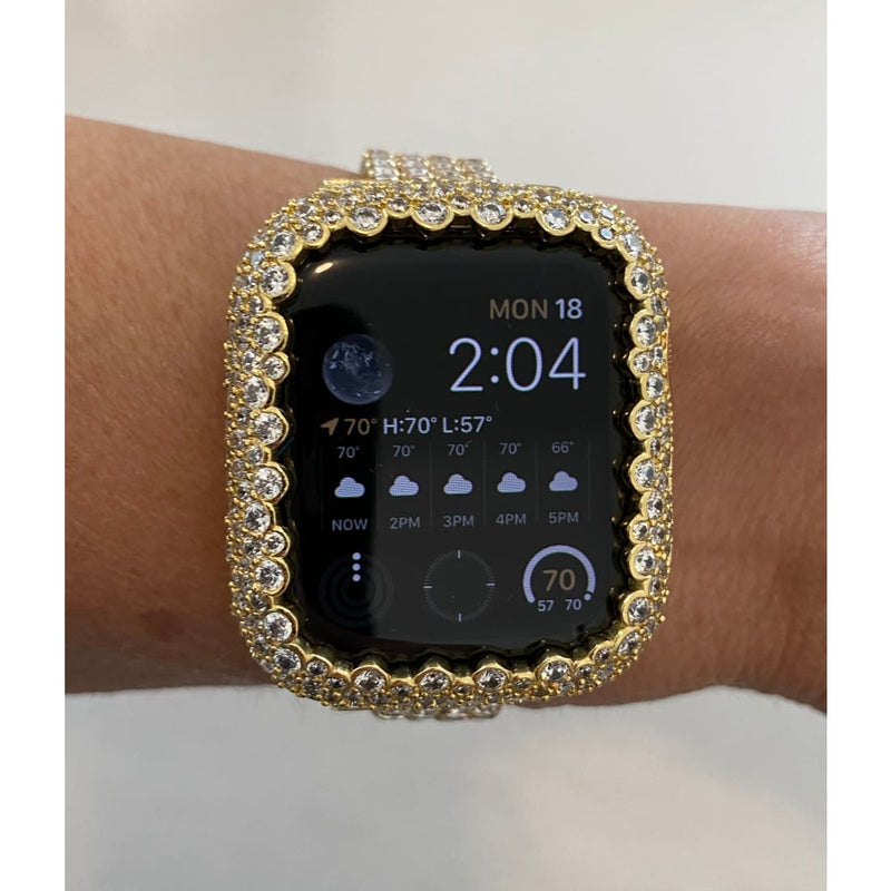 Gold Apple Watch Band Series 7 41mm 45mm Swarovski Crystals & or Lab Diamond Bezel Cover Iwatch Bling 38mm-44mm Smartwatch Bumper