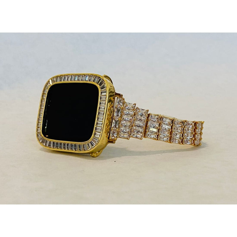 Gold Apple Watch Band Women 38 40 41 42 44 45mm Swarovski Crystals & or Bezel Cover Lab Diamonds Series 1-8 SE