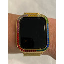 Gold Apple Watch Bezel Cover Rainbow Swarovski Crystals 38 40 42 44mm Series 2-6, Smartwatch Case Bumper Bling