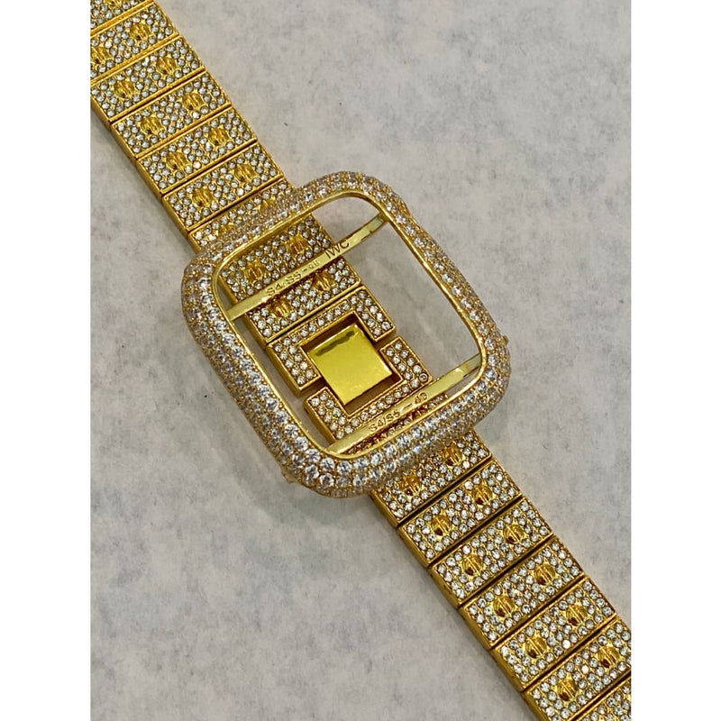 Gold Apple Watch Series 7-8 Band 41mm 44mm Swarovski Crystals & or Yellow Gold Lab Diamond Bezel Cover 38mm-44mm