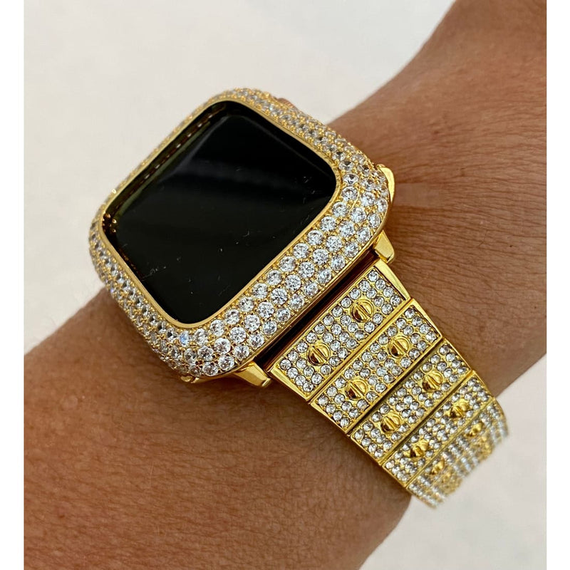 Gold Apple Watch Series 7-8 Band 41mm 44mm Swarovski Crystals & or Yellow Gold Lab Diamond Bezel Cover 38mm-44mm