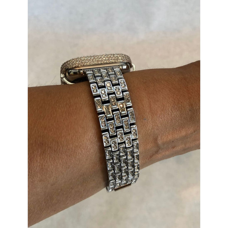 Iced Out Apple Watch Band Silver Bling Apple Watch Bezel Lab Diamond Series 1,2,3,4,5,6,7,8 SE Custom Deluxe Iwatch Series