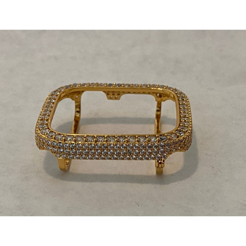 Iced Out Apple Watch Band Yellow Gold & or Lab Diamond Bezel Cover Smartwatch Bumper 38mm-45mm Series 1-8 SE