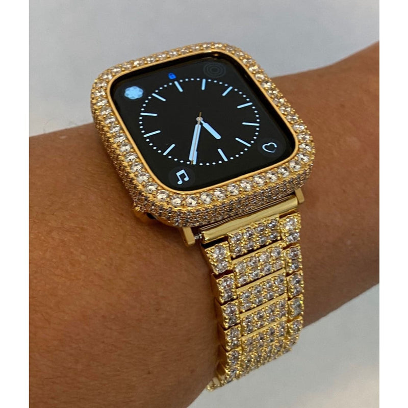 Iced Out Apple Watch Band Yellow Gold & or Lab Diamond Bezel Cover Smartwatch Bumper 38mm-45mm Series 1-8 SE