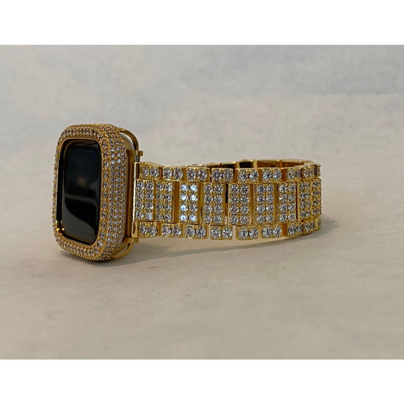 Iced Out Apple Watch Band Yellow Gold & or Lab Diamond Bezel Cover Smartwatch Bumper 38mm-45mm Series 1-8 SE