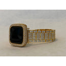 Iced Out Apple Watch Band Yellow Gold & or Lab Diamond Bezel Cover Smartwatch Bumper 38mm-45mm Series 1-8 SE