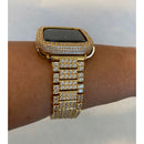Iced Out Apple Watch Band Yellow Gold & or Lab Diamond Bezel Cover Smartwatch Bumper 38mm-45mm Series 1-8 SE