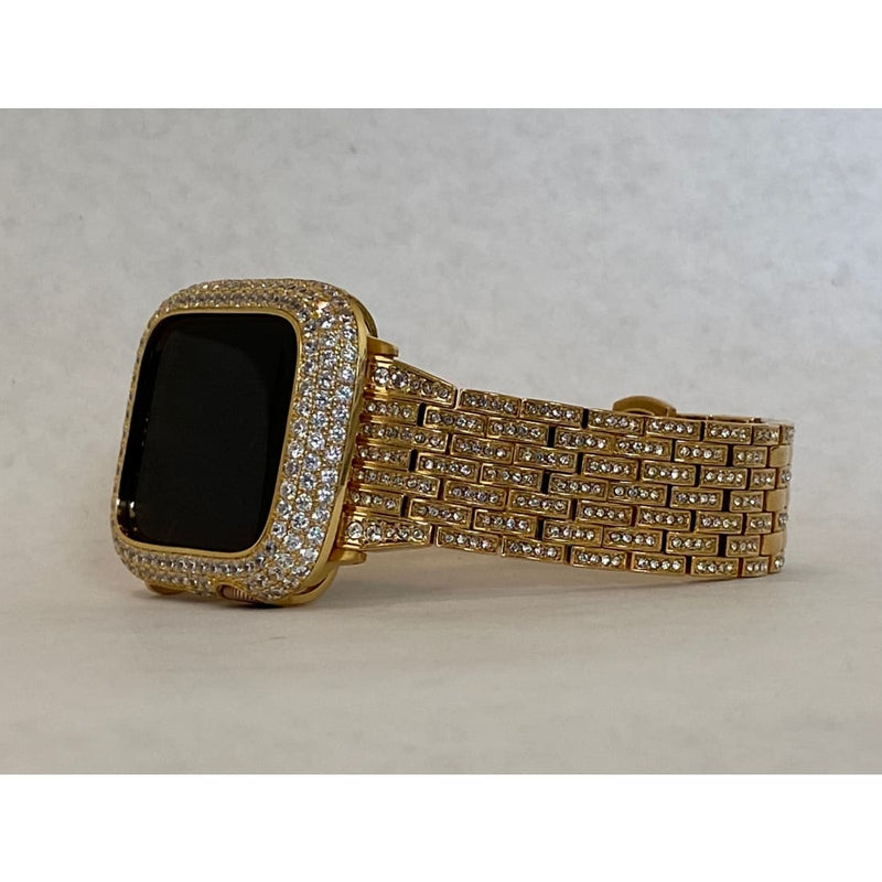 Iced Out Gold Apple Watch Band 38mm 40mm 42mm 44mm and or Apple Watch Bezel Lab Diamond Cover Iwatch Bling 41mm 45mm Series 7,8