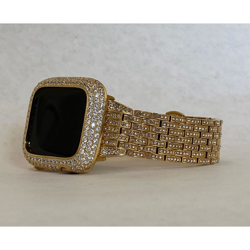 Iced Out Gold Apple Watch Band 41mm 45mm Crystal & or Lab Diamond Bumper Bezel Cover Smartwatch Bumper Bling Series 1-8 SE