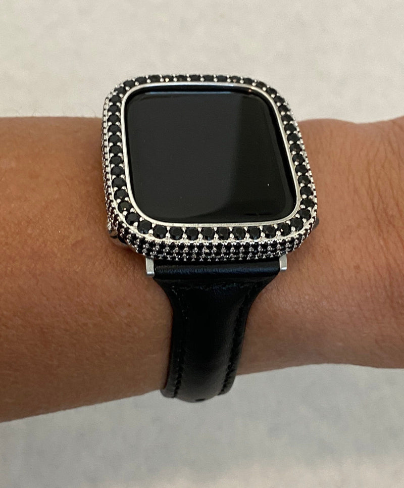 Apple Watch Band Women Leather Black Slim and or Black-Silver Lab Diamond Bezel Cover Iwatch Case Bling Series 6 blb1