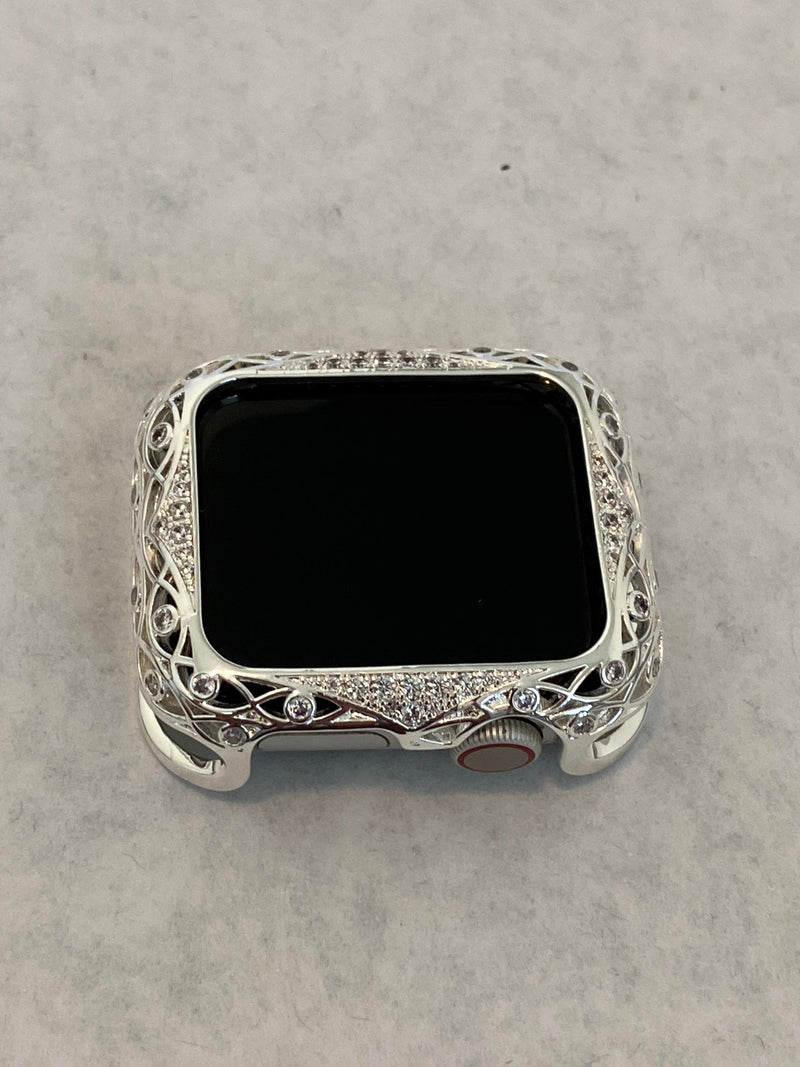 Series 2-8 Apple Watch Bezel Cover Silver Lace Design Metal Case with Inset Rhinestones 38 40 42 44mm Custom Handmade