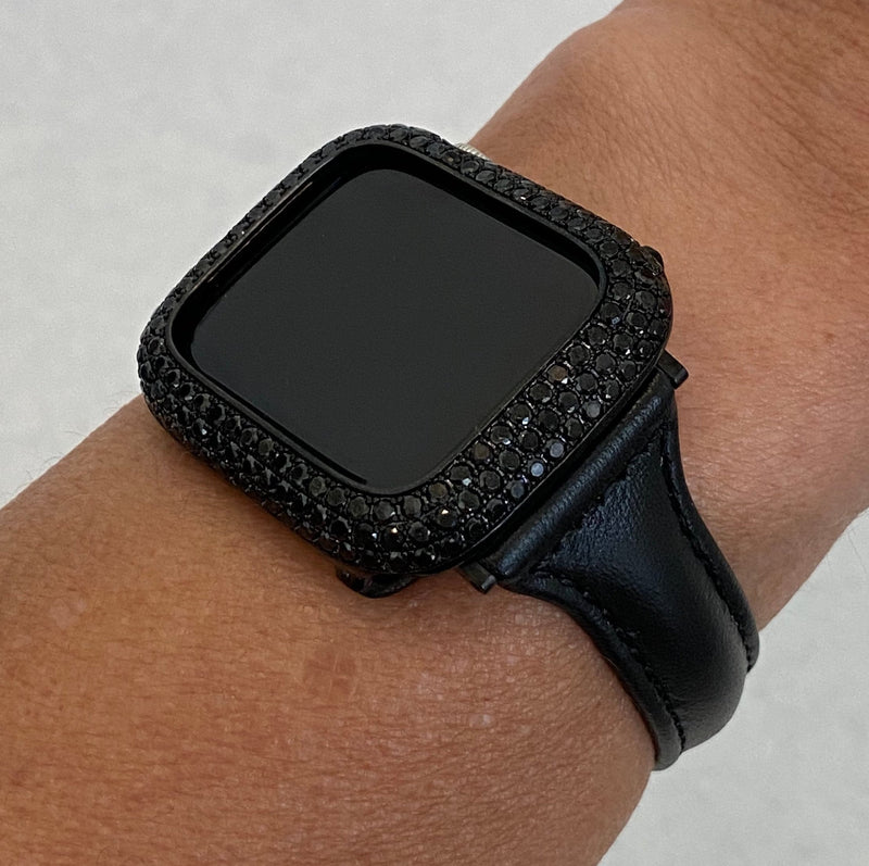 Black on Black Apple Watch Band Leather Slim Style and or Lab Diamond Bezel Cover Bling Series 6 blb1