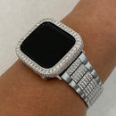 White Gold Apple Watch Band Silver & or Lab Diamond Bezel Cover Bumper 38mm 40mm 41mm 42mm 44mm 45mm Series 7