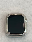 White Gold Apple Watch Bezel Cover 44mm Womens, Silver Lab Diamond Bumper Case, Gift for Her Custom Handmade Final Sale