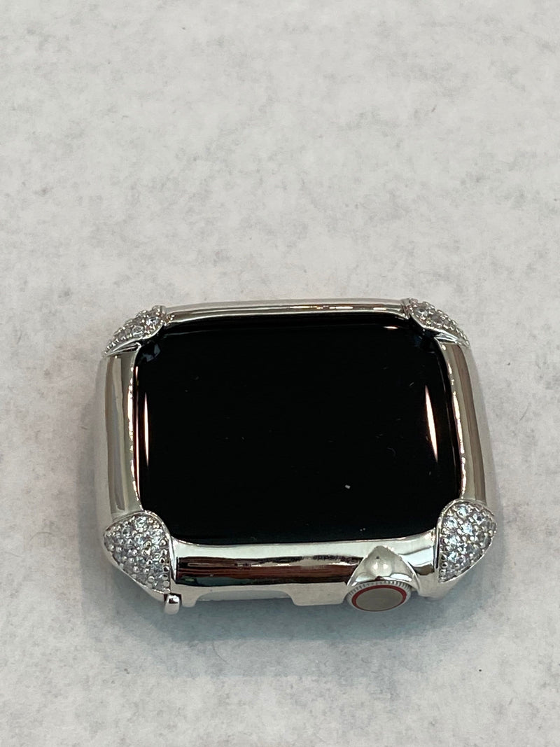 White Gold Apple Watch Bezel Cover 44mm Womens, Silver Lab Diamond Bumper Case, Gift for Her Custom Handmade Final Sale