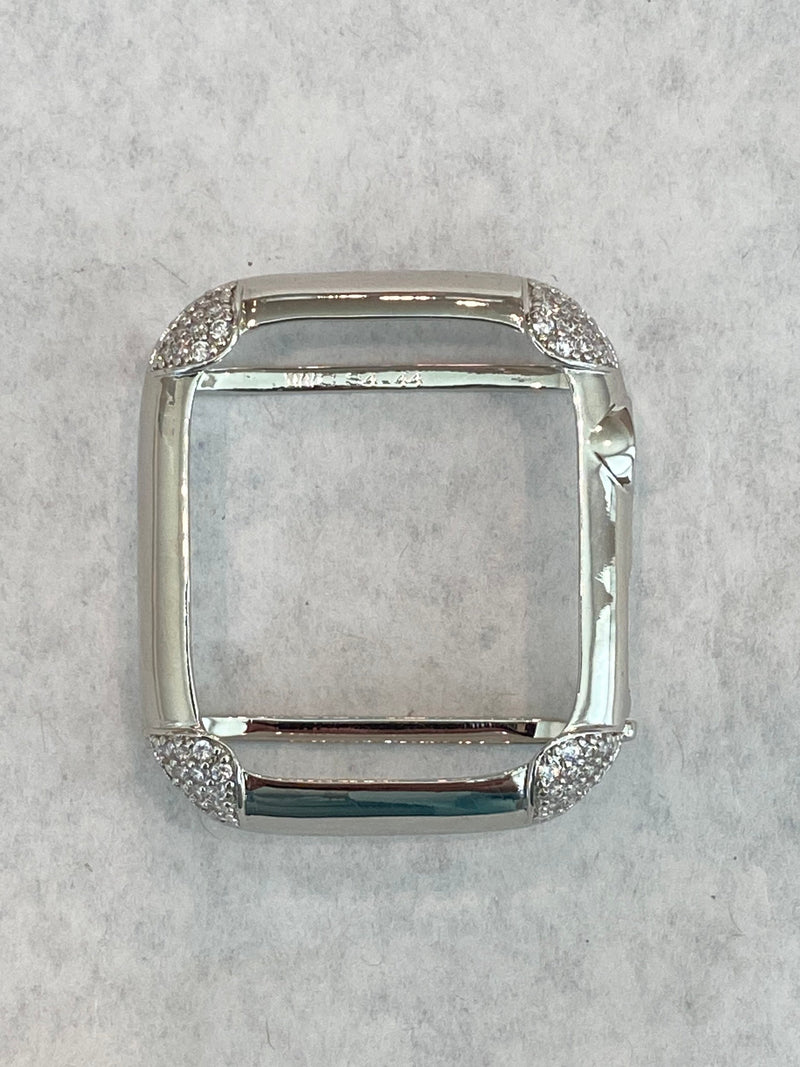 White Gold Apple Watch Bezel Cover 44mm Womens, Silver Lab Diamond Bumper Case, Gift for Her Custom Handmade Final Sale