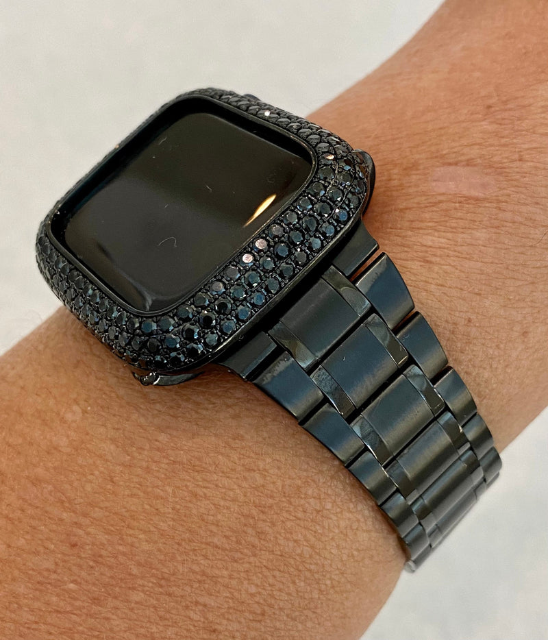 Series 7-8 41mm 45mm Apple Watch Band Stainless Steel & or Black on Black Lab Diamond Bezel Cover Iwatch Bumper