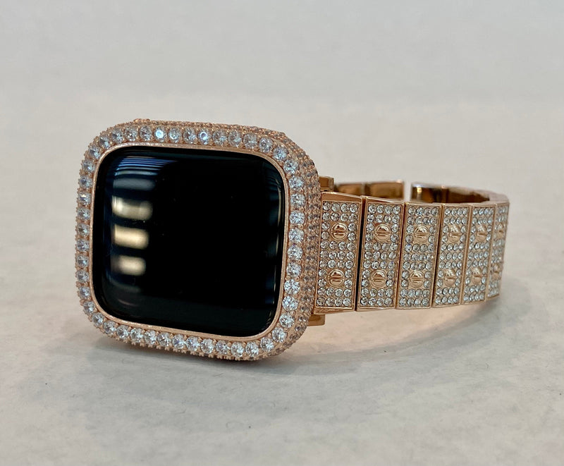 Rose Gold Apple Watch Band 41mm 45mm Swarovski Crystals & or Series 7 Lab Diamond Bezel Cover Case 38mm-44mm for Smartwatch