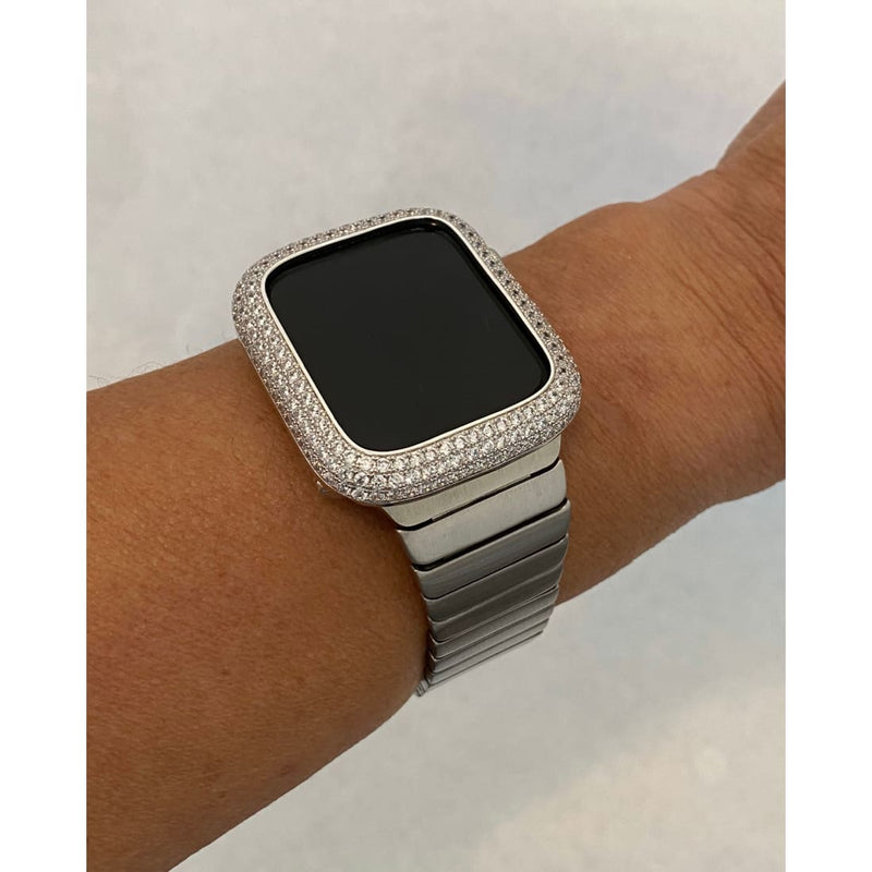 Mens Apple Watch Band Silver 42mm 44mm Stainless Steel and or Lab Diamond Bezel Iwatch Bling Series 6 sb1