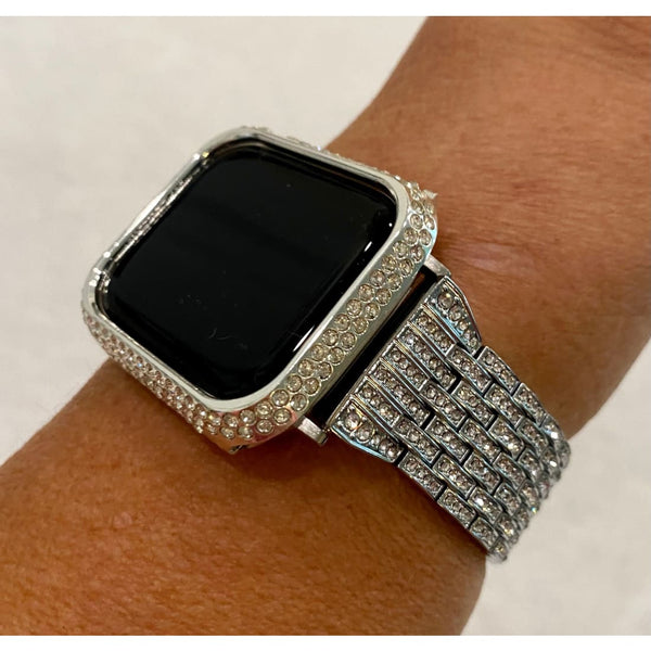 New Series 7 Apple Watch Band 41mm 45mm Silver Swarovski Crystals & or Apple Watch Bezel Case Cover Faceplate Smartwatch Bumper Bling