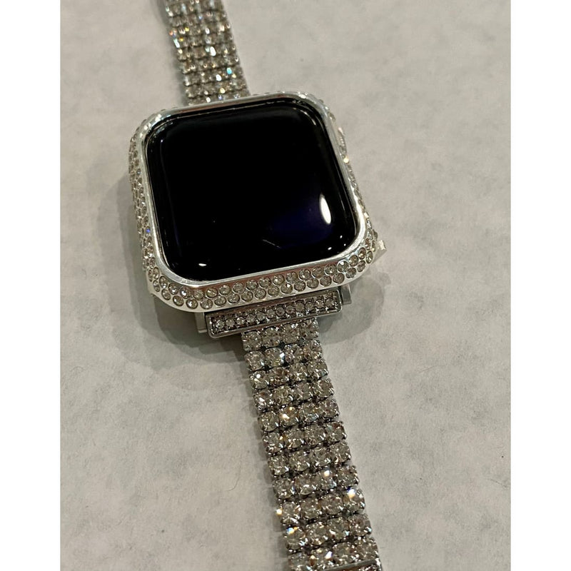 New Series 7 Apple Watch Band 45mm Silver White Gold & or Swarovski Crystal Bezel Case Cover Bling