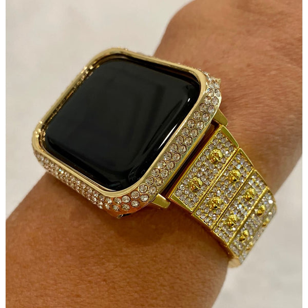New Series 8 Apple Watch Band 41mm 45mm Gold Swarovski Crystals & or Apple Watch Case Cover Stainless Steel Smartwatch Bumper Bling