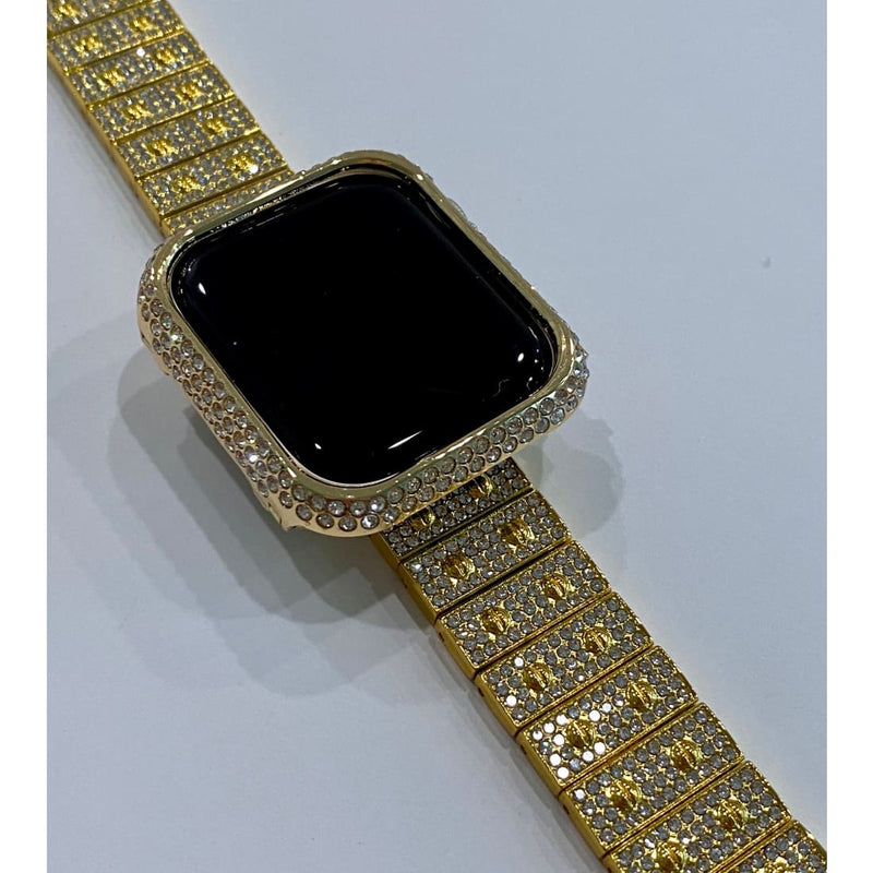 New Series 8 Apple Watch Band 41mm 45mm Gold Swarovski Crystals & or Apple Watch Case Cover Stainless Steel Smartwatch Bumper Bling