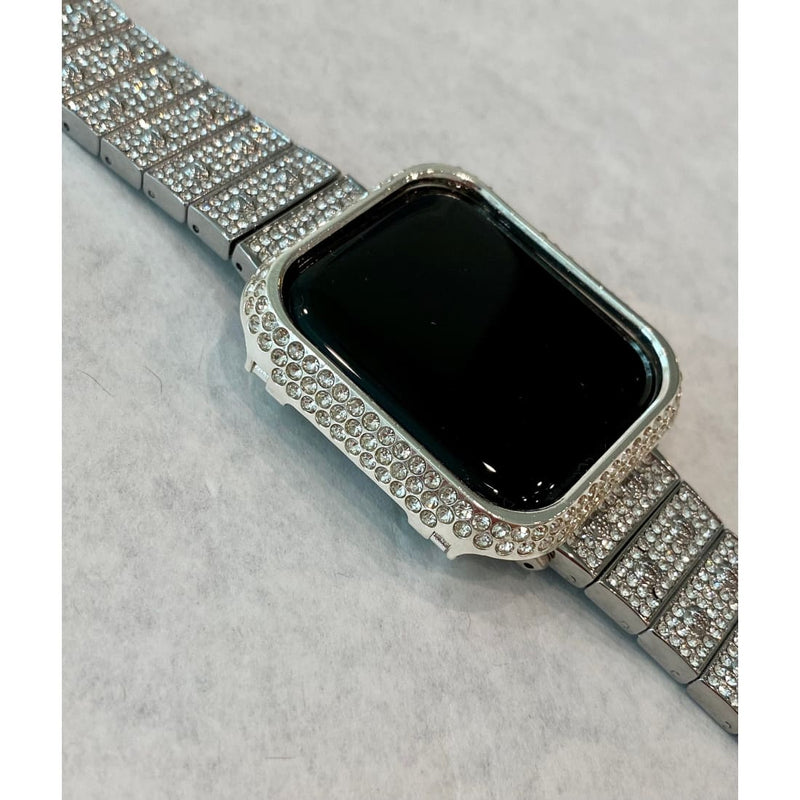 New Series 8 Apple Watch Band 41mm 45mm Silver Swarovski Crystals & or Apple Watch Case Cover Stainless Steel Bling Series 7