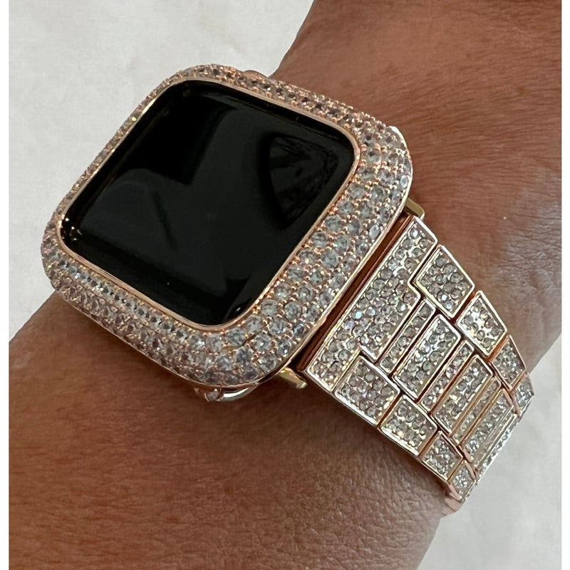 Pave Apple Watch Band 38 40 41 42 44 45mm Rose Gold & or Lab Diamond Bezel Cover Smartwatch Case Bling Series 1-8 SE