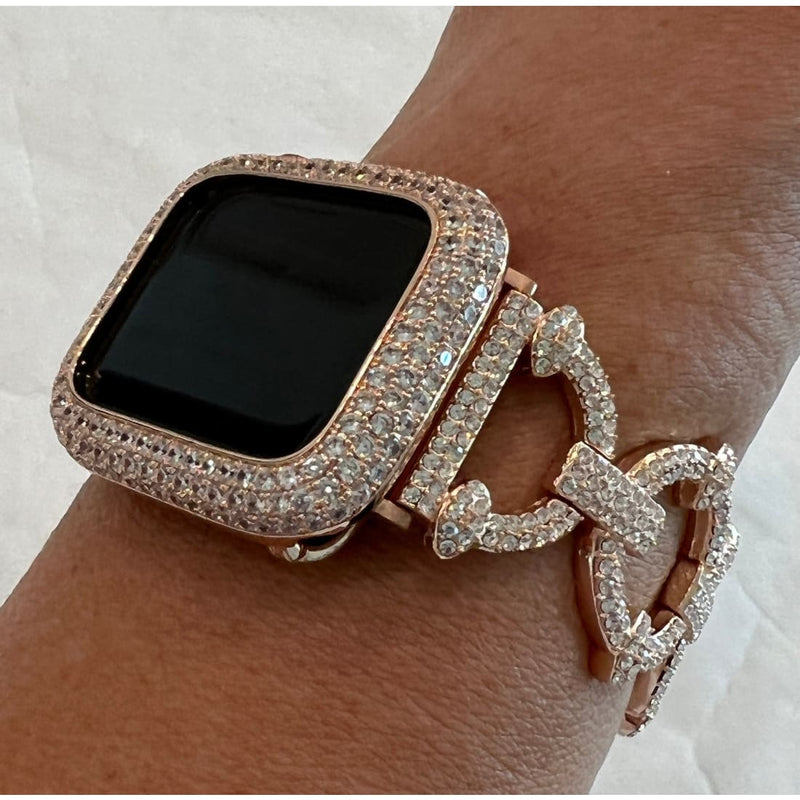 Pave Apple Watch Band 38 40 41 42 44 45mm Rose Gold Swarovski Crystals & or Lab Diamond Bezel Cover Smartwatch Case Bling Series 1-8 SE