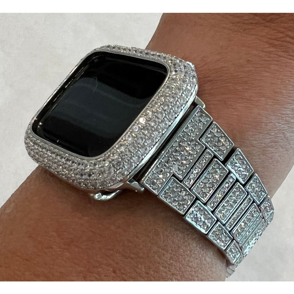 Pave Apple Watch Band 38 40 41 42 44 45mm Silver & or Lab Diamond Bezel Cover Smartwatch Case Bling Series 1-8 SE