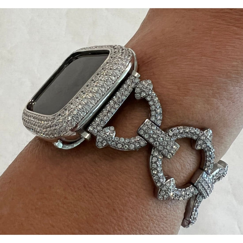 Pave Apple Watch Band 38 40 41 42 44 45mm Silver Swarovski Crystals & or Lab Diamond Bezel Cover Smartwatch Case Bling Series 1-8 SE